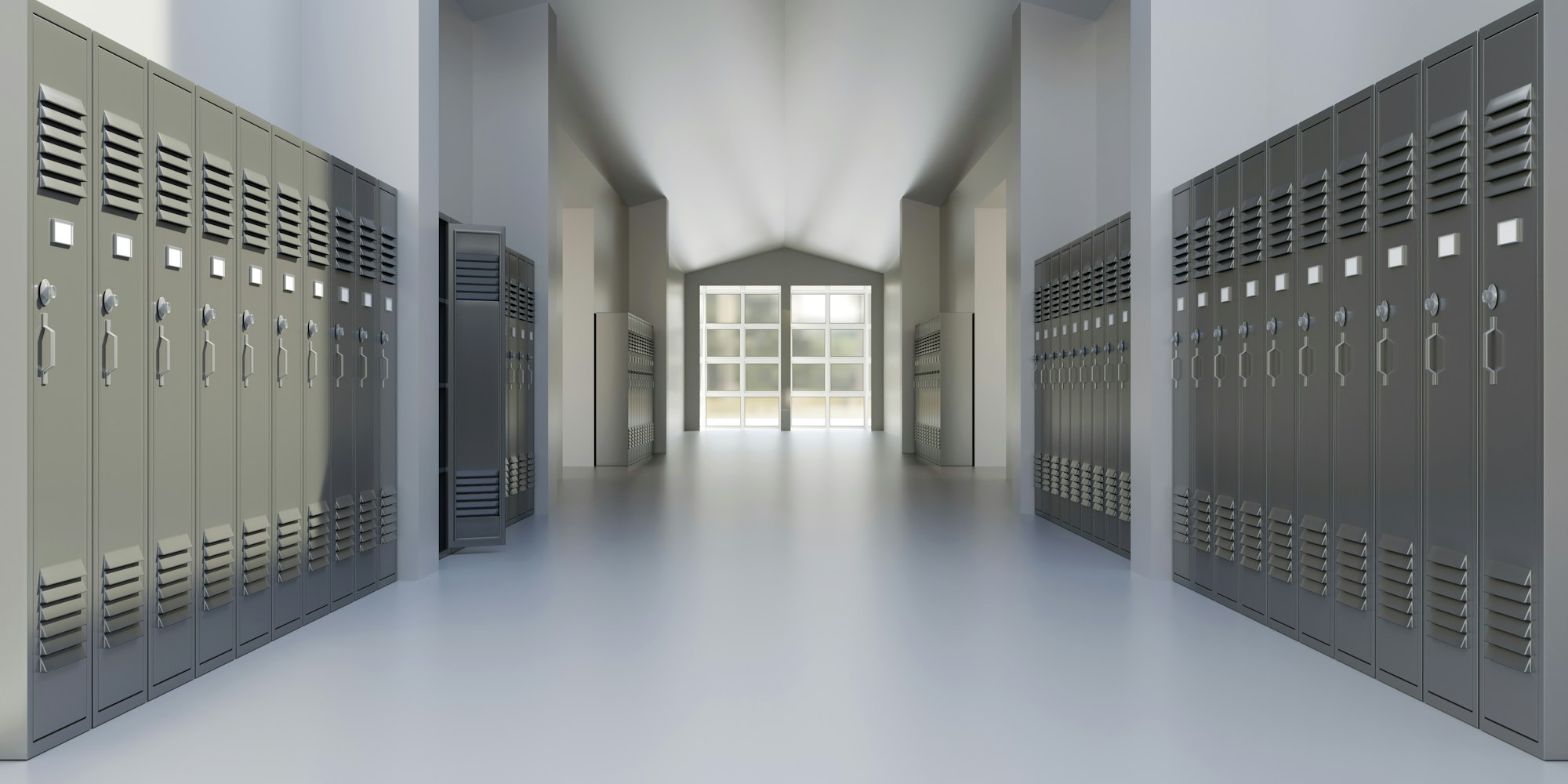 High school hallway locker. Education building interior, empty corridor